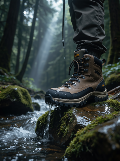 Pair of brown suede and black waterproof fabric spliced outdoor hiking boots resting on mossy wet rock, water droplets sliding off the shoe surface, blurred green forest background, natural post-rain lighting