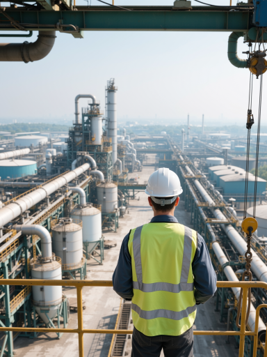 Middle-aged male worker wearing bright yellow one-piece industrial protective coveralls and safety helmet inspecting equipment among chemical plant pipes, garment surface showing reflective chemical splash resistant coating, industrial site environment