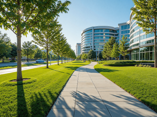 Modern multi-story corporate office building with glass curtain walls reflecting blue sky, surrounded by manicured green landscaping and paved driveway, bright natural daylight, architectural photography style
