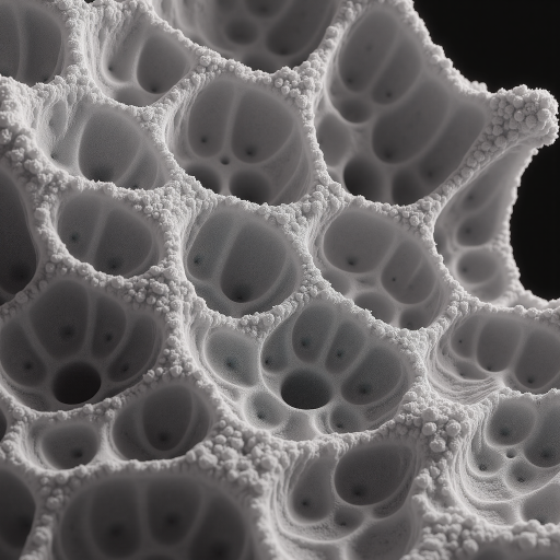 Extreme macro close-up of a white microporous membrane surface showing billions of tiny uniform holes arranged in a dense geometric pattern, scientific microscopy style, high contrast black and white