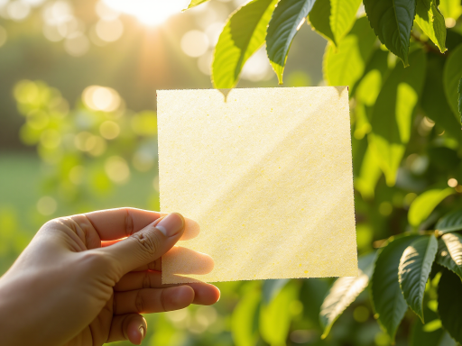 Light green semi-transparent eco-friendly film material rolled and placed on a natural wooden table, decorated with fresh green leaves nearby emphasizing bio-based concept, warm natural sunlight, clean fresh atmosphere