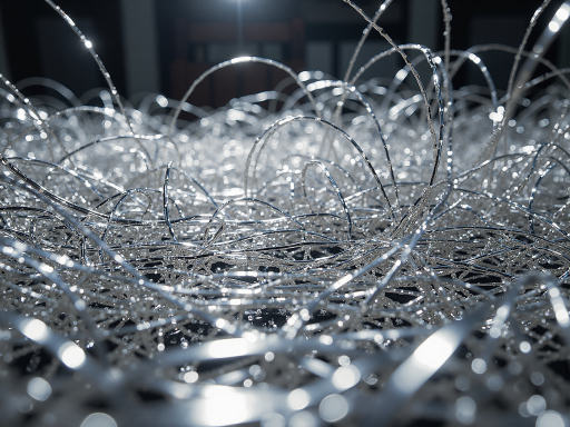 Silver-gray high-tech nanofiber mesh film composed of countless ultra-fine interwoven threads, metallic sheen with futuristic technological aesthetic, deep blue background, upward directional lighting