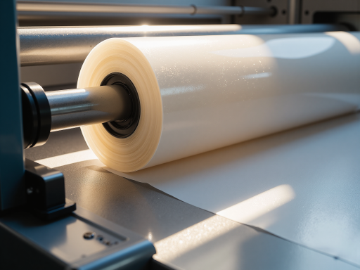 Pale yellowish slightly transparent film roll partial close-up, soft flexible texture with fine matte surface grain, light gray industrial background, side lighting highlighting material thickness