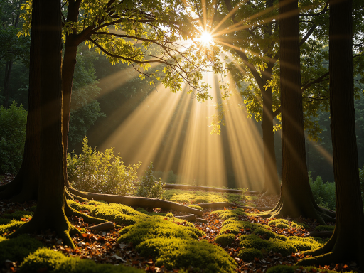 Morning sunlight penetrating dense green forest canopy, illuminating moss-covered fallen logs and fern plants on the forest floor, tiny dust particles floating in the air, vibrant natural ecology photography full of life